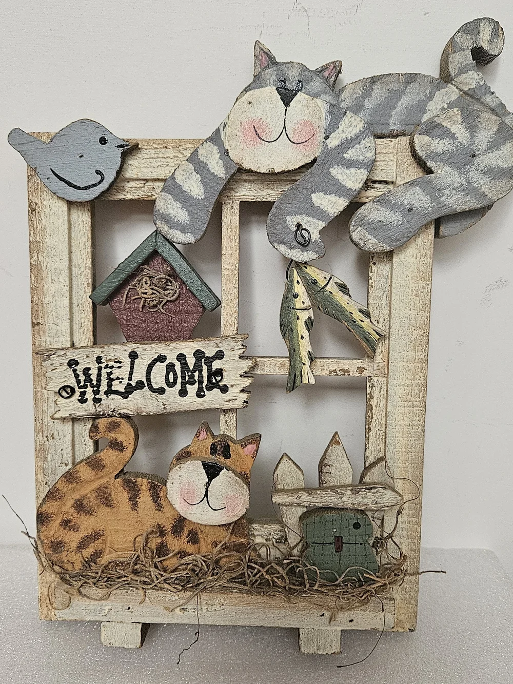 Welcome Cat Window Wall Decor in Gray, Cream, and Brown